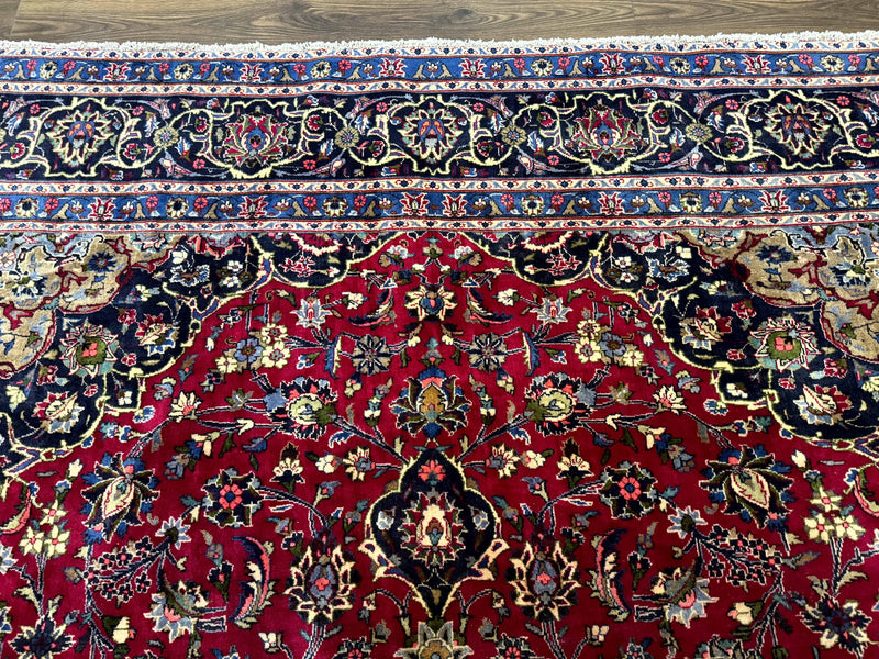 Traditional Persian Rug 8x11, Red Navy Blue, Floral Medallion, Antique Persian Mashad Carpet, Wool by Jewel Rugs
