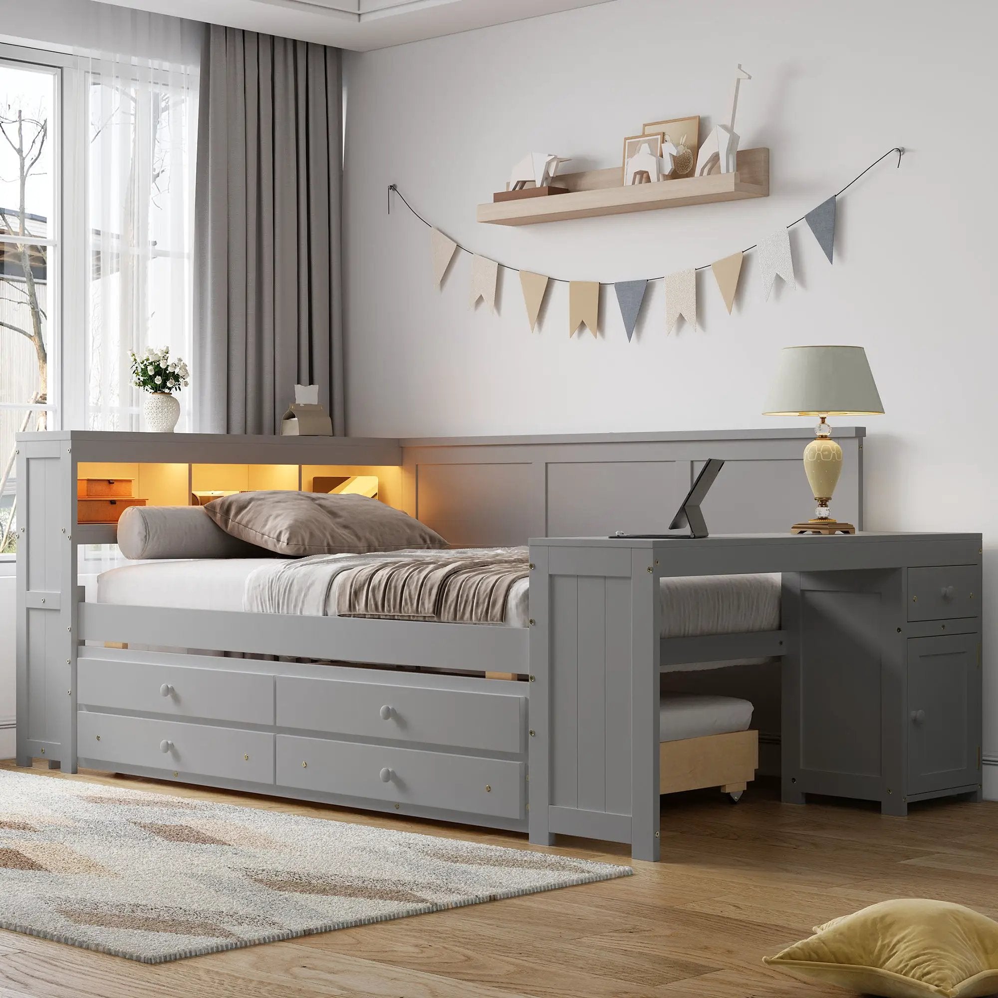 Daybed With Storage Shelves, Drawers, Trundle, Charging Station, LED Light, Desk And Cabinet by HouseOfZazla