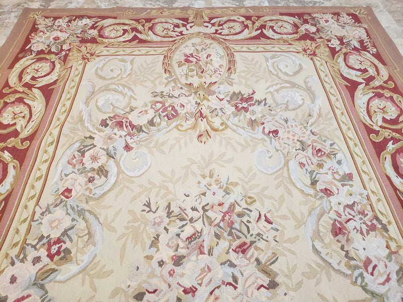 Aubusson Rug 6x9, Elegant Flatweave Rug, Aubusson Savonnerie 6 x 9 Flatweave Area Rug, Cream and Red, Wool Hand Woven Carpet, Medium Size by Jewel Rugs