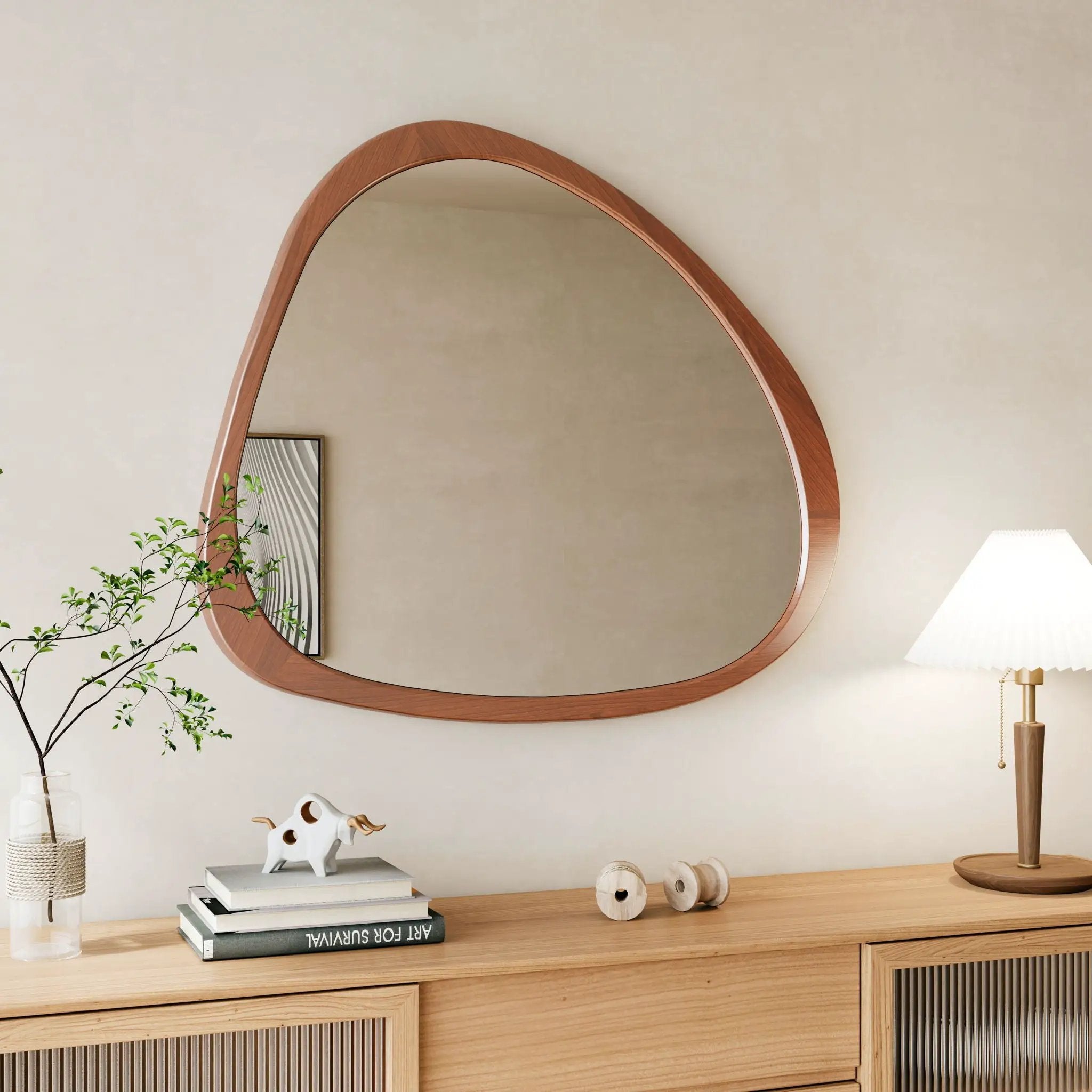 Asymmetrical Wall Mirror Wooden Framed Mirror Large Sized Dressing Mirror, For Living Room, Bedroom, Bathroom, Hallway Or Entry Way - Natural Wood by HouseOfZazla