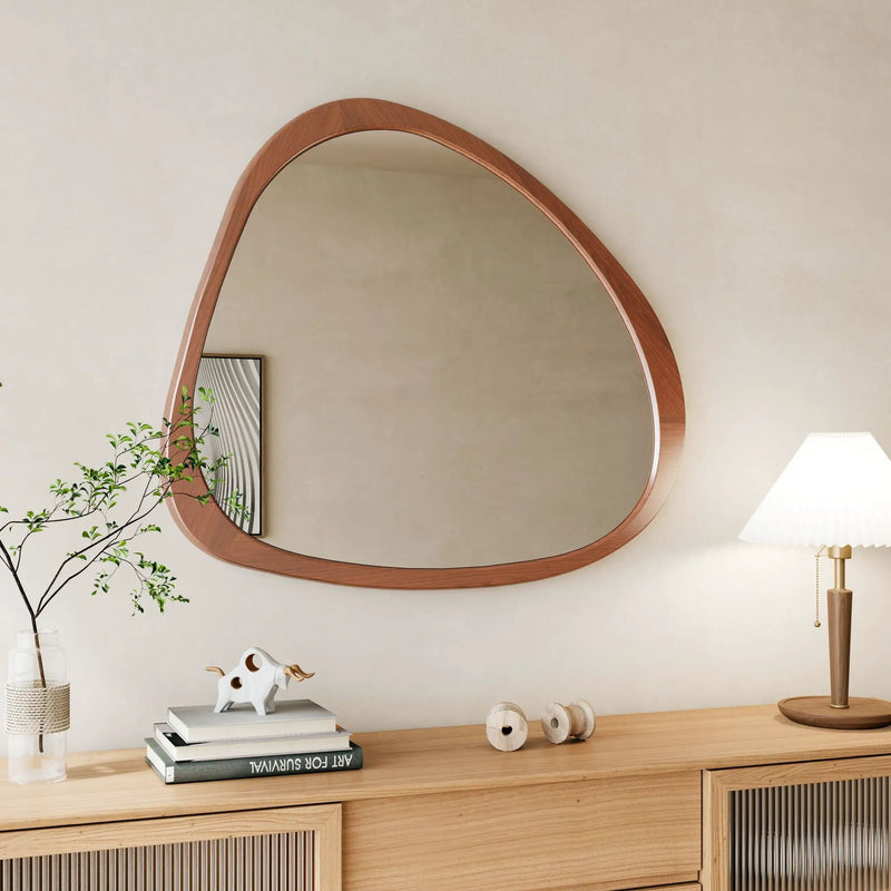 Asymmetrical Wall Mirror Wooden Framed Mirror Large Sized Dressing Mirror, For Living Room, Bedroom, Bathroom, Hallway Or Entry Way - Natural Wood by HouseOfZazla