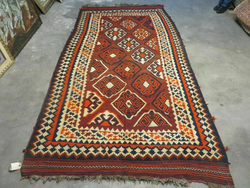 5' X 10' Antique Turkish Kilim Handmade Flat Weave Wool Rug Red Colorful Veg Dye Bohemian Boho Chic Tribal Style And Design by Jewel Rugs