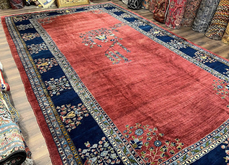 Large Persian Sarouk Rug 10x17, Open Field, Red and Navy Blue, Palace Sized Oversized Hand Knotted Wool Oriental Carpet Flowers Vases Antique 1920s by Jewel Rugs