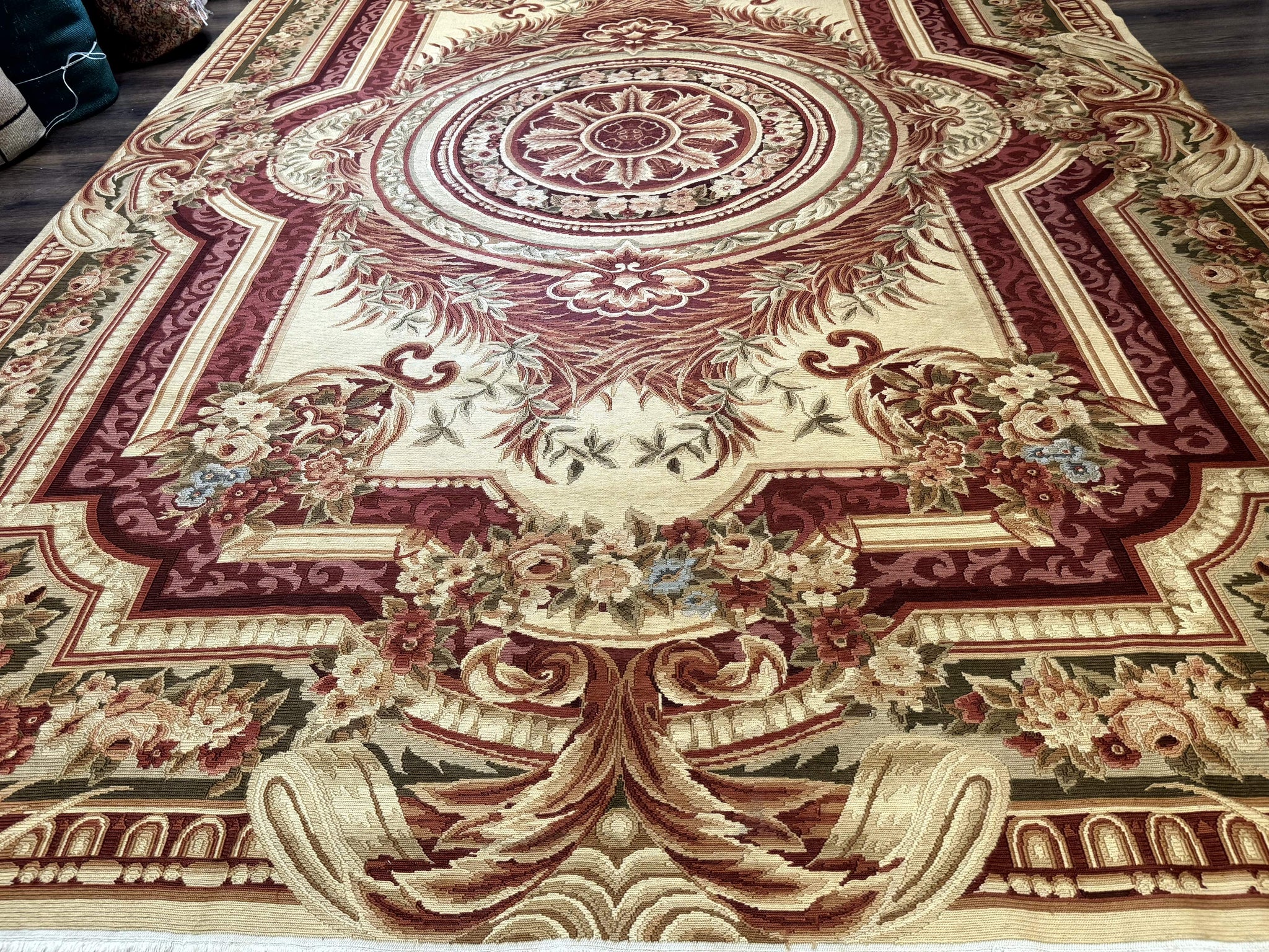 Large Aubusson Rug 10x13, Thick Flatweave Carpet, Elegant European Design, Cream and Raspberry by Jewel Rugs