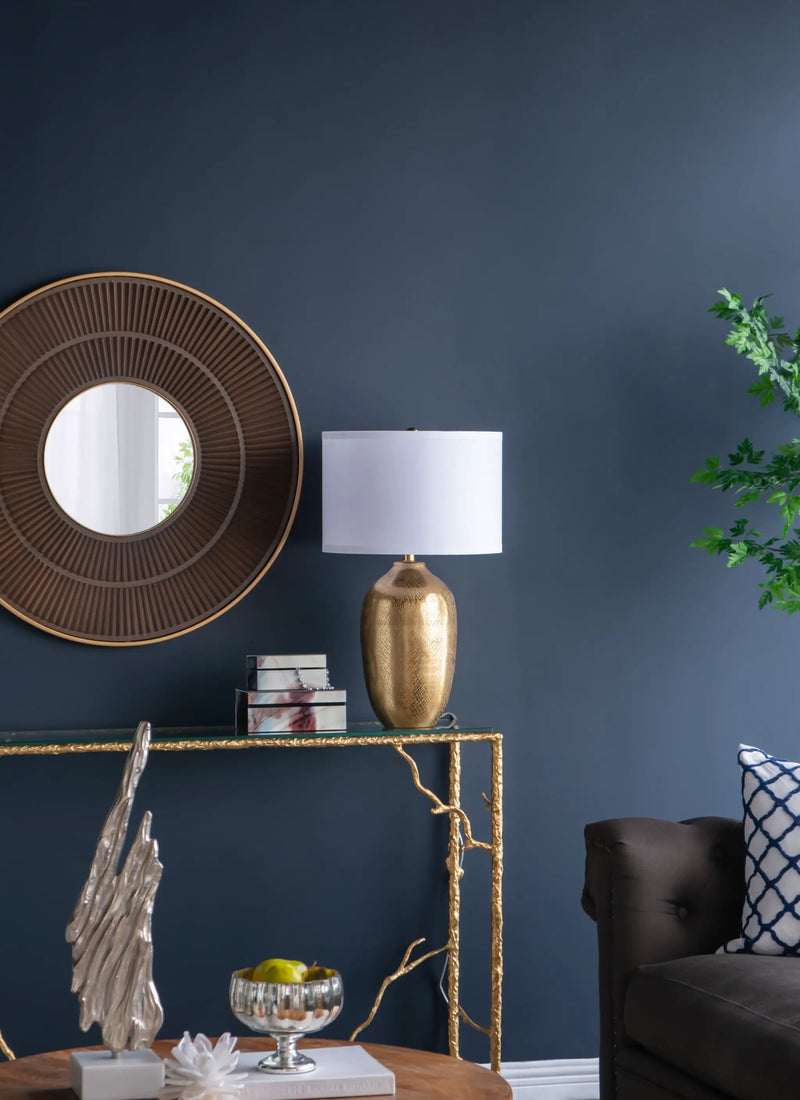 D15x25.7' Round Aluminum Sheet Gold Table Lamp with White Fabric Shade by HouseOfZazla