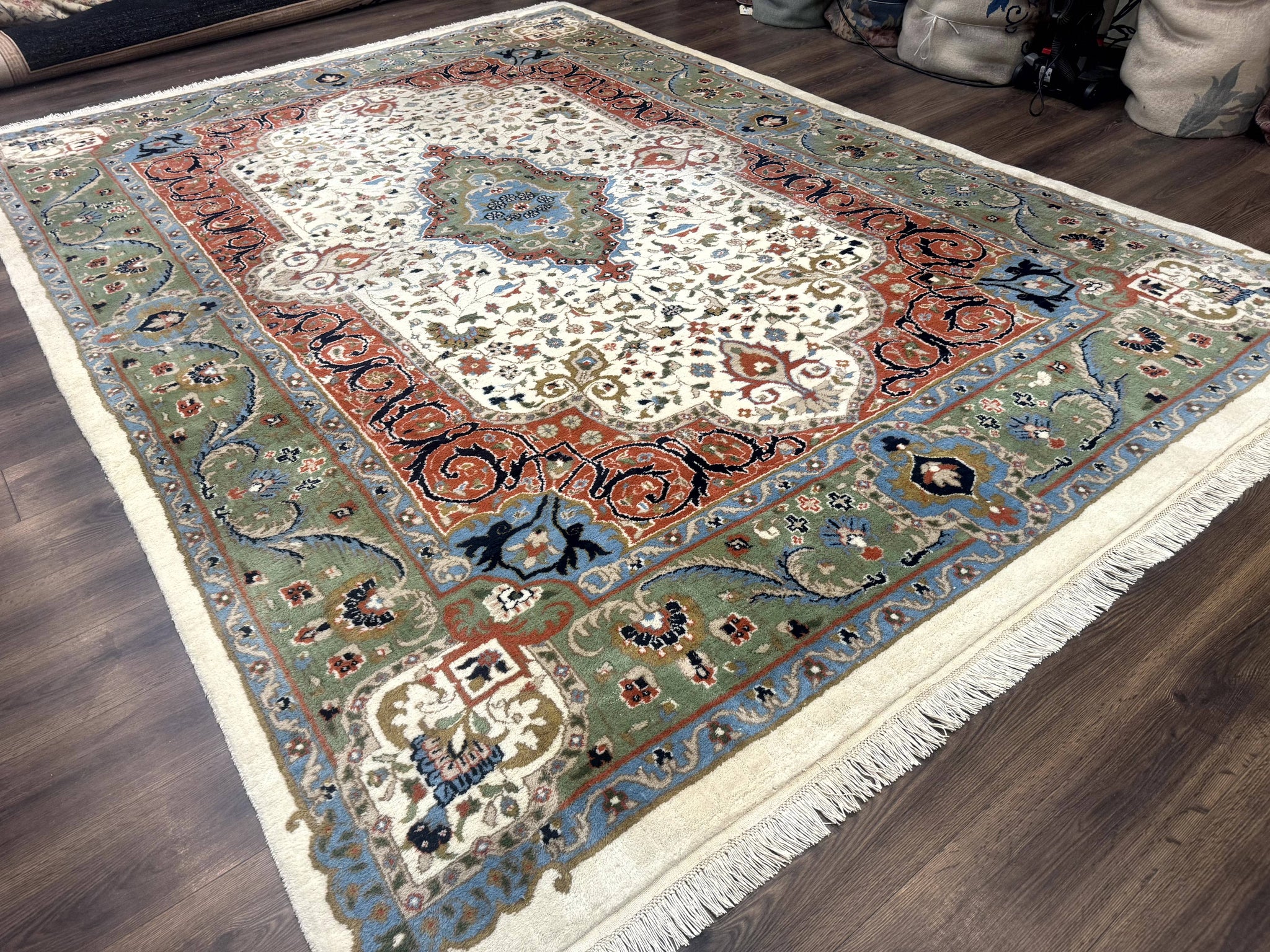 Indo Persian Rug 9x12, Ivory Red Green, Traditional Oriental Carpet by Jewel Rugs