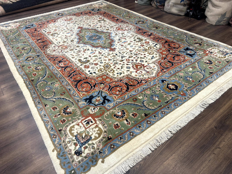 Indo Persian Rug 9x12, Ivory Red Green, Traditional Oriental Carpet by Jewel Rugs