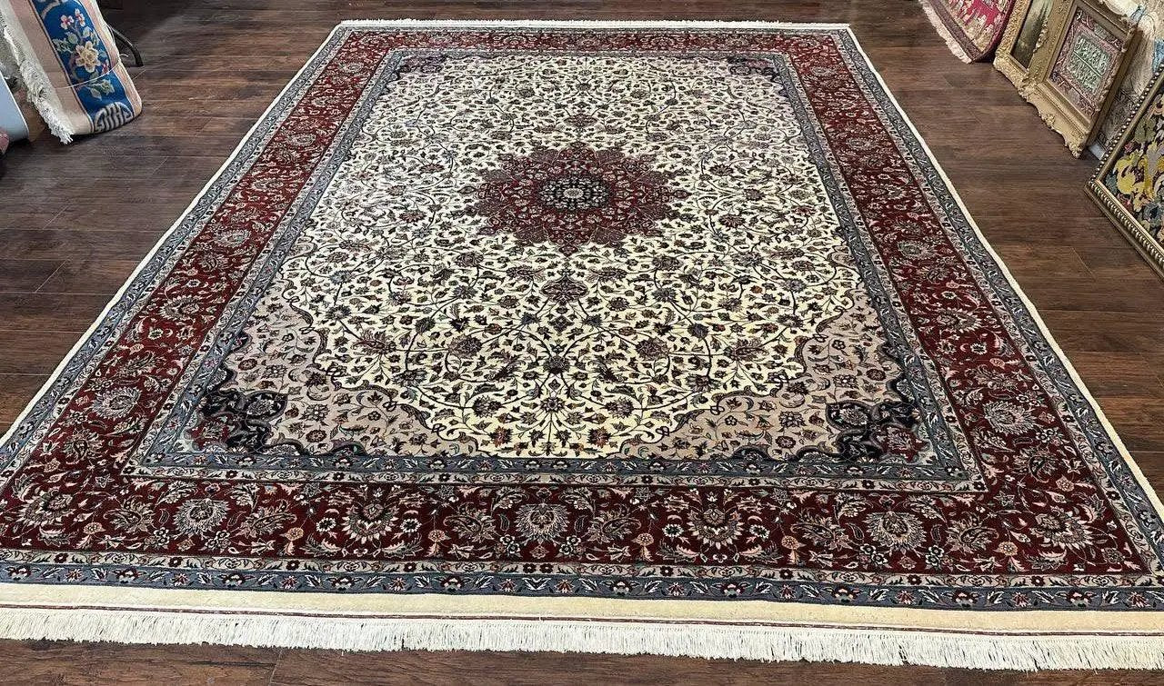 Sino Persian Rug 9x12, Vintage Wool Oriental Carpet, Floral Medallion, Wool Rug, Cream and Maroon by Jewel Rugs