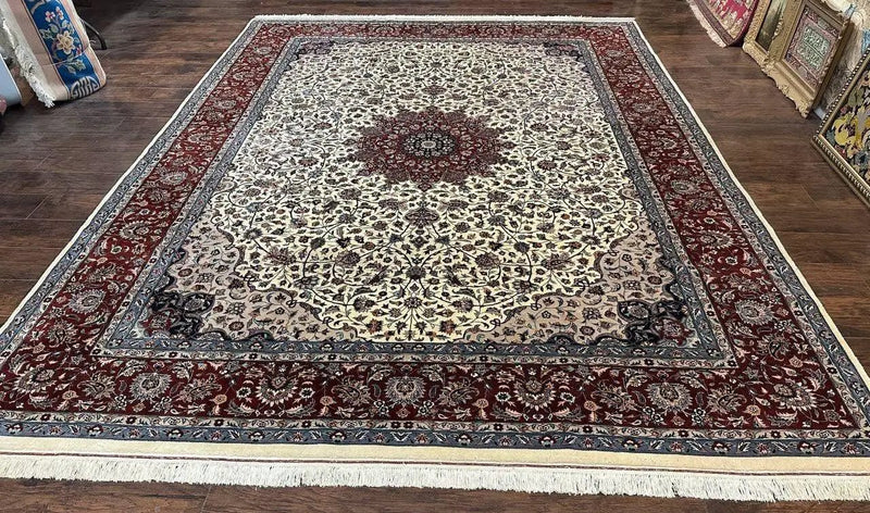 Sino Persian Rug 9x12, Vintage Wool Oriental Carpet, Floral Medallion, Wool Rug, Cream and Maroon by Jewel Rugs