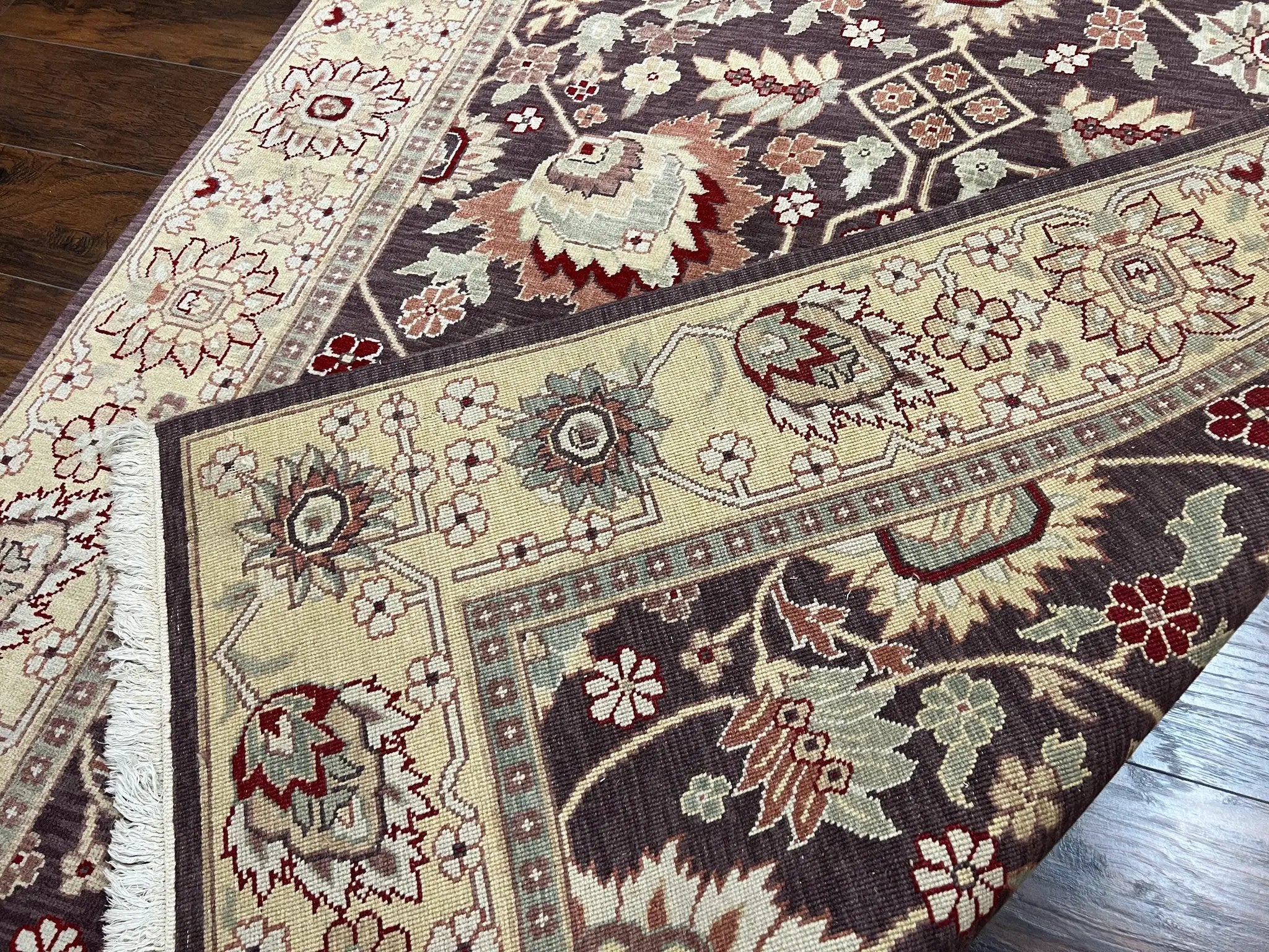 Vintage Indo Mahal Area Rug 6x9, Indian Persian Oriental Carpet 6 x 9, Puce Eggplant Tan Beige Rug, Hand-Knotted, Large Floral Design Wool by Jewel Rugs
