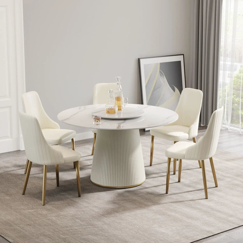 Modern Artificial Stone Round Plywood Base Dining Table, Can Accommodate 6 People, Artificial Stone Turntable (Not Including Chairs) - White / Beige by Unique Piece Furniture