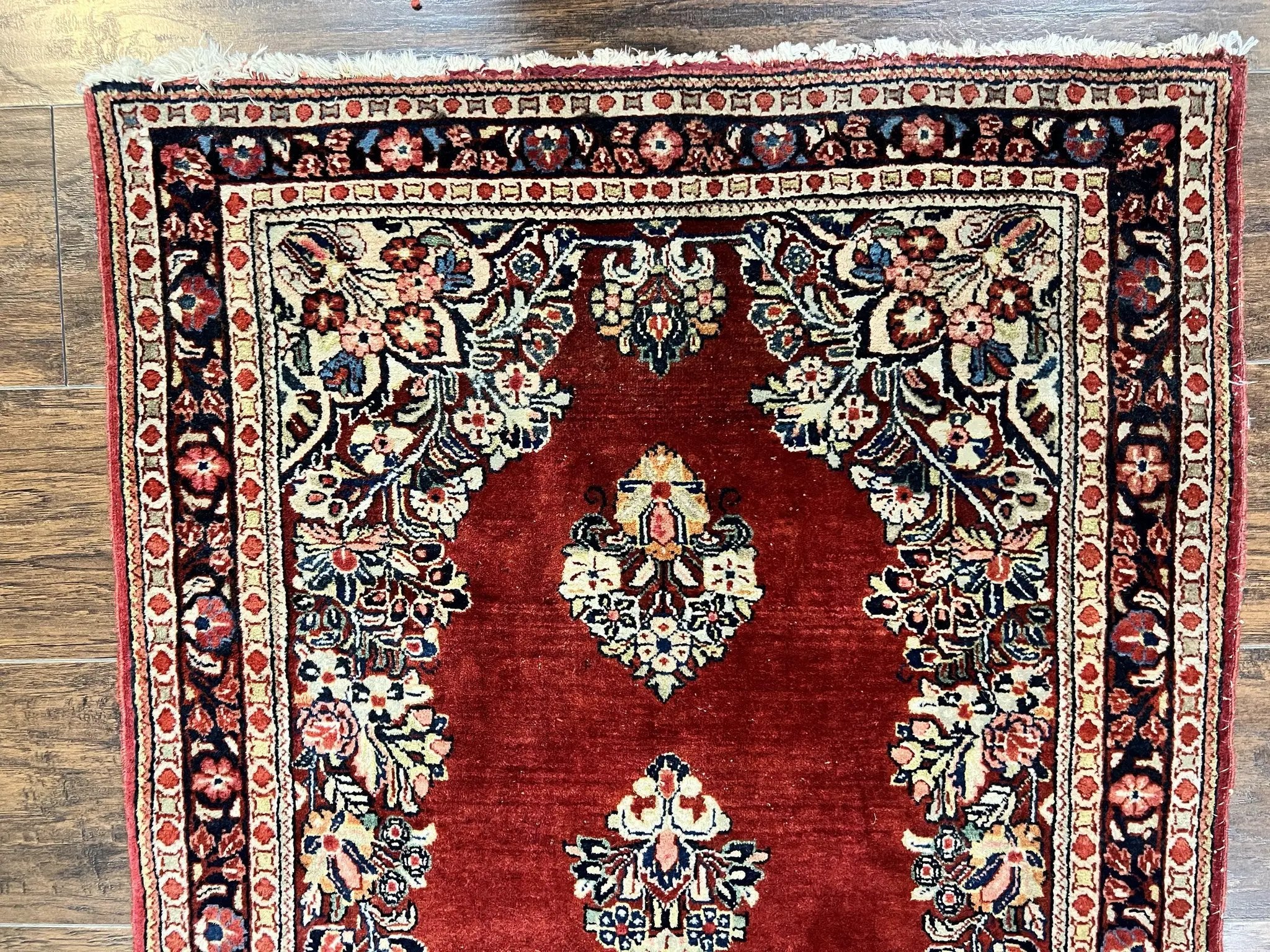 Persian Sarouk Runner Rug 2.7 x 6, Semi Open Field, Red, Handmade Hand Knotted, Wool Oriental Carpet, Vintage Semi Antique by Jewel Rugs
