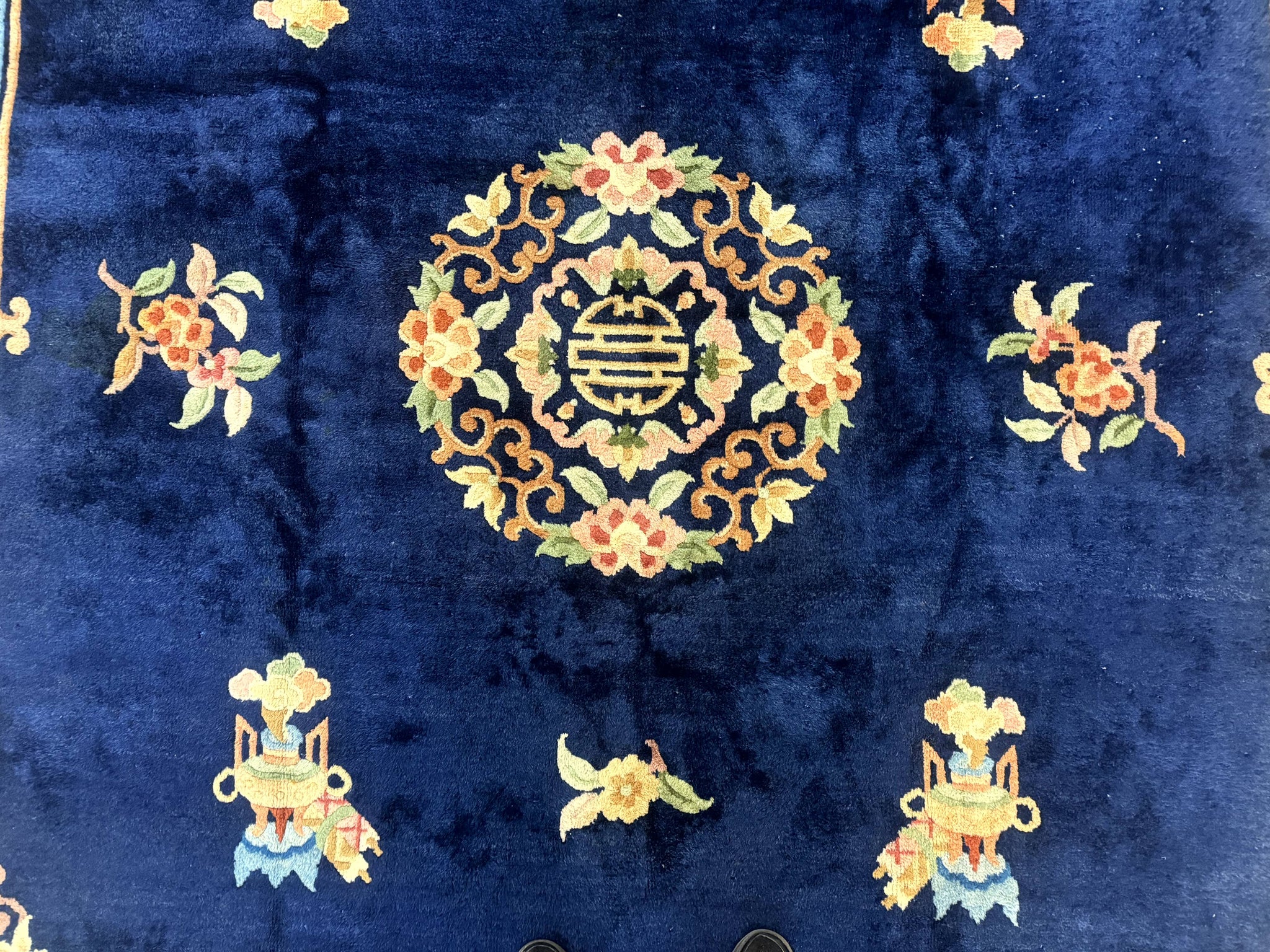 Chinese Wool Rug 8x11, Navy Blue and Beige, Simple Design, Fete Carpet by Jewel Rugs