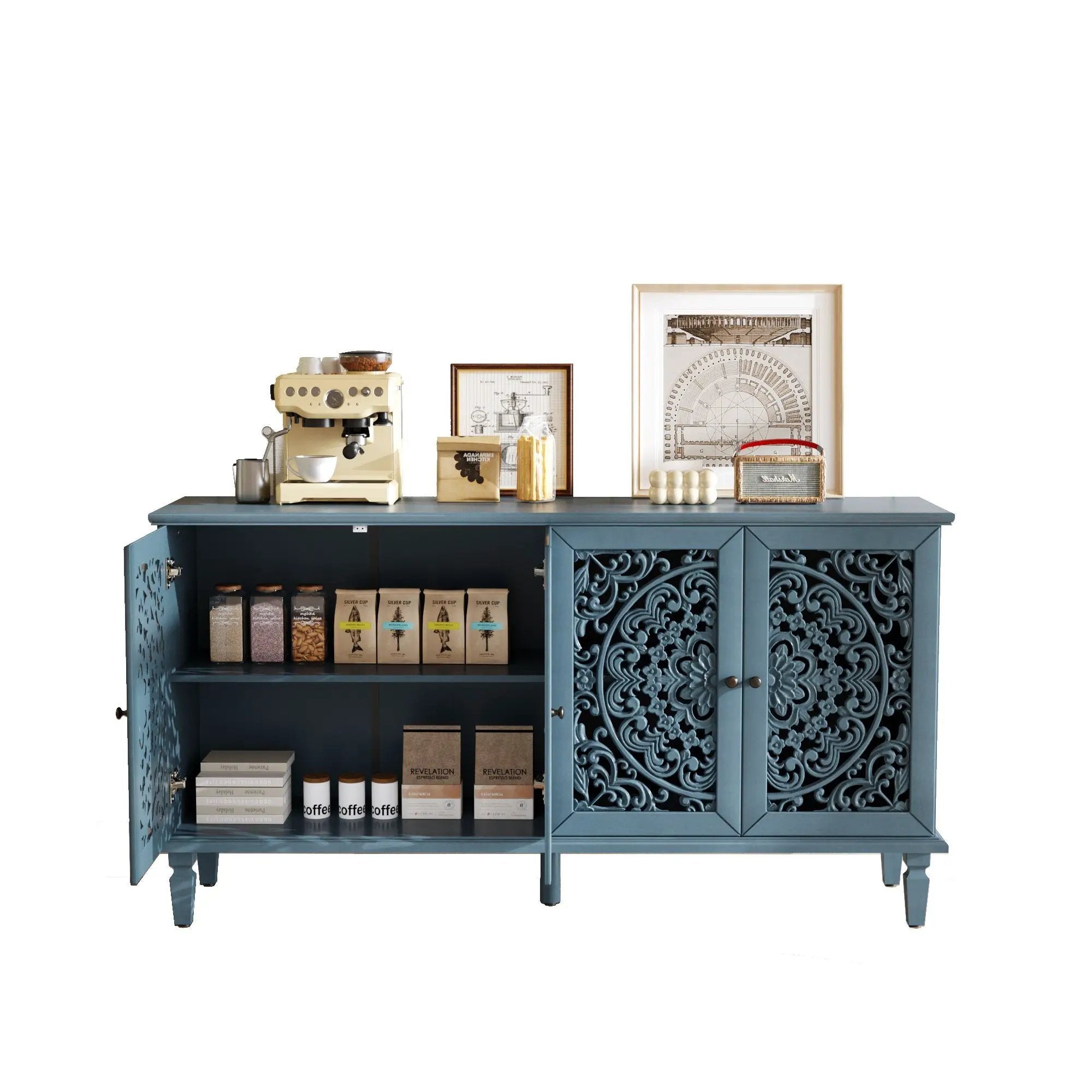 60" Antique Buffet Cabinet with Floral Carvings and Adjustable Shelves by HouseOfZazla