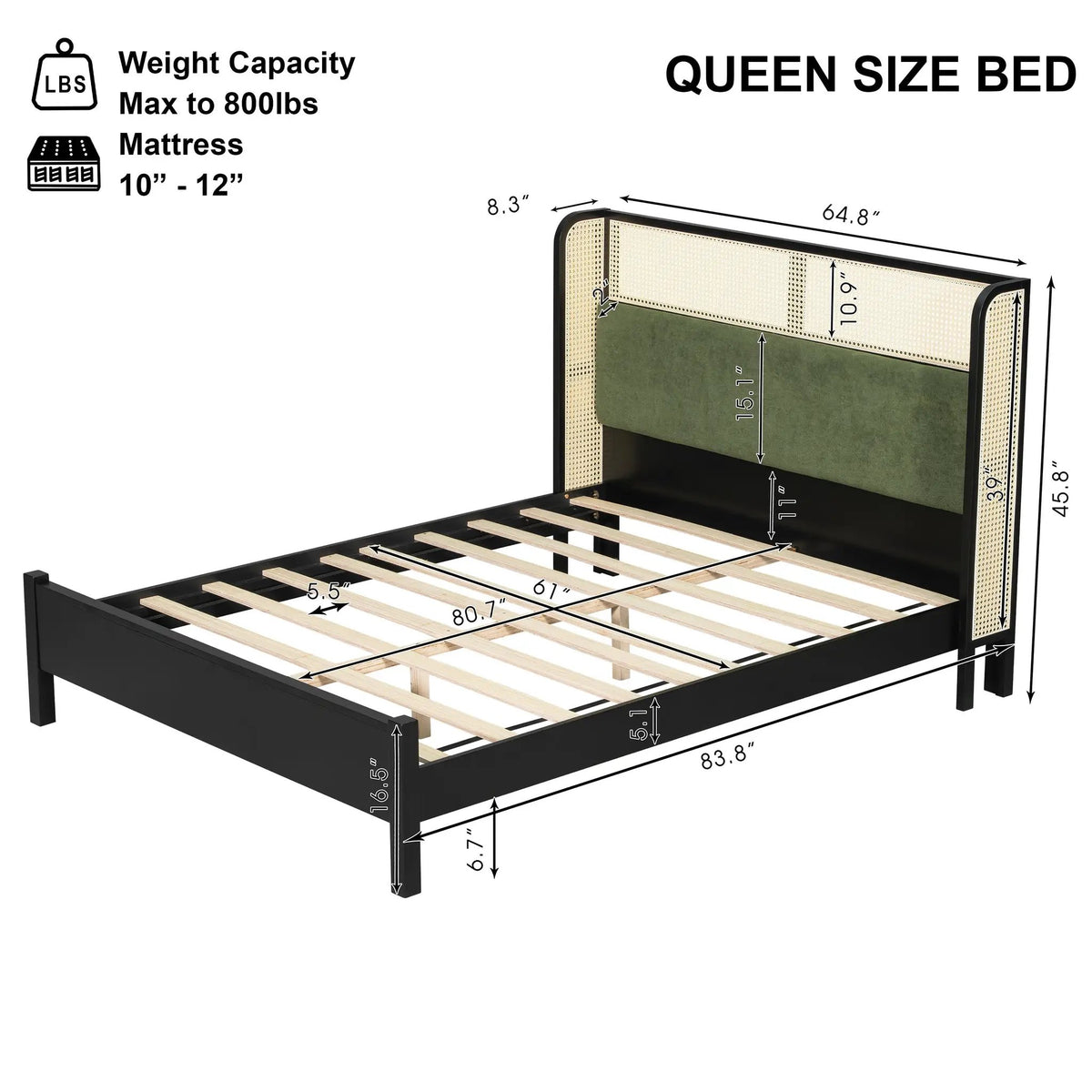 Queen Size Bed Frame with Plush Green Upholstered Headboard by HouseOfZazla
