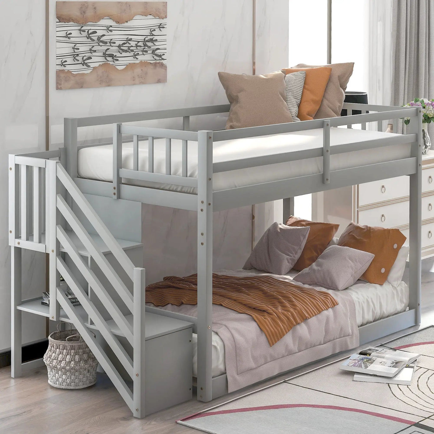 Twin Over Twin Floor Bunk Bed, Ladder With Storage by HouseOfZazla