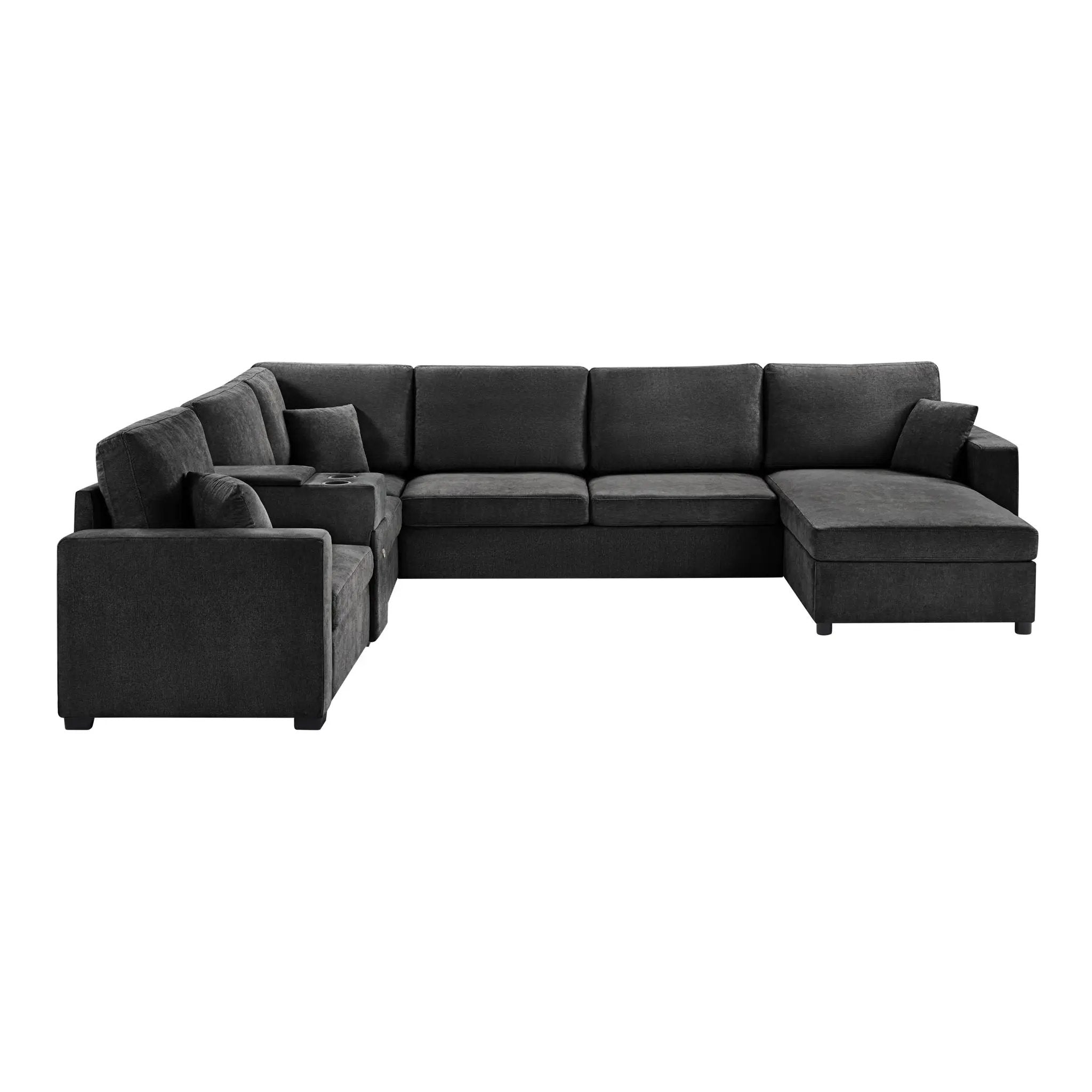 Modular 5 Seat U-Shape Sectional Sofa With Chaise Lounge, Built In Cup Holders And Storage Drawer by HouseOfZazla