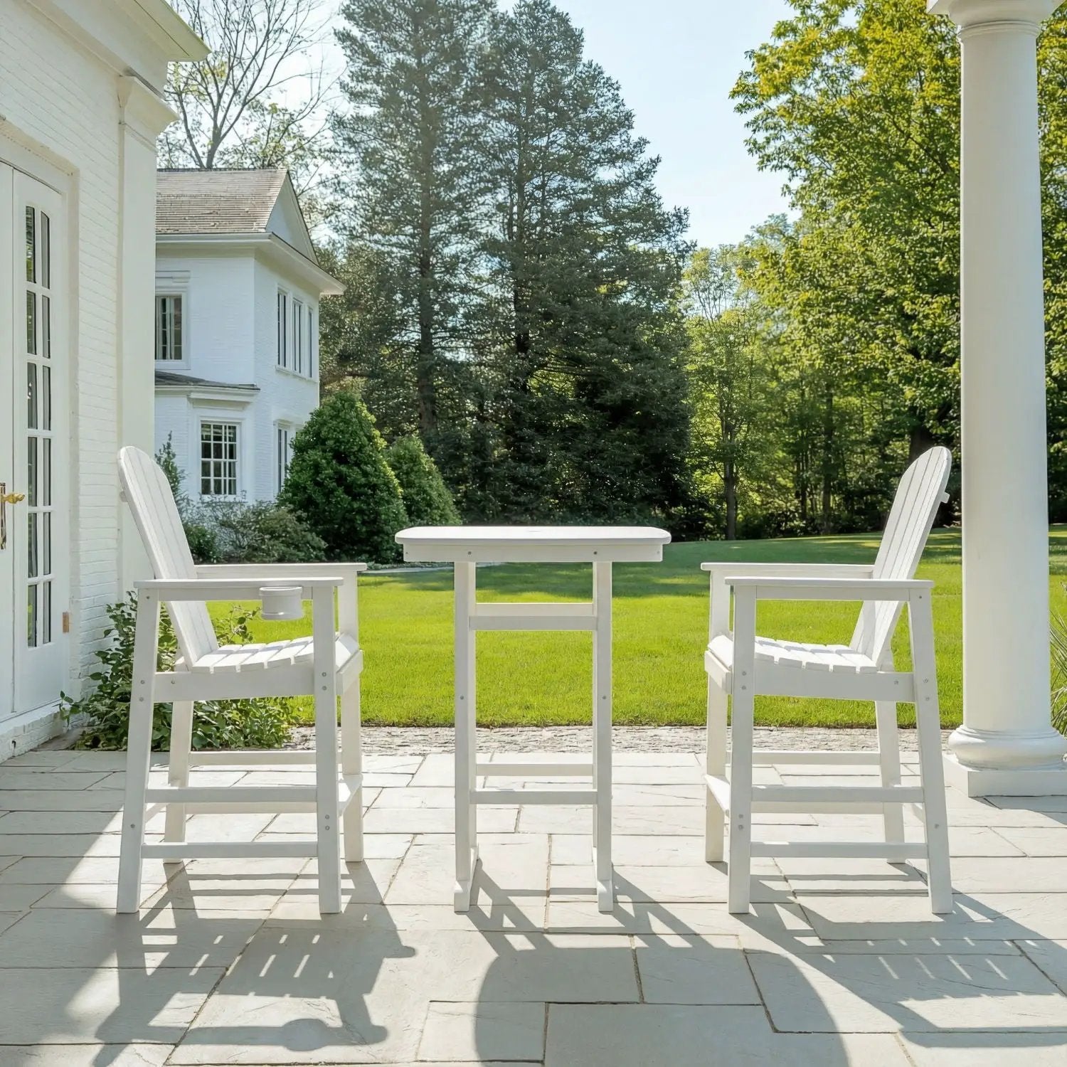 Outdoor Bar Height Adirondack Patio Chair With Cup Holder And Armrests All Weather UV Resistant - White by HouseOfZazla