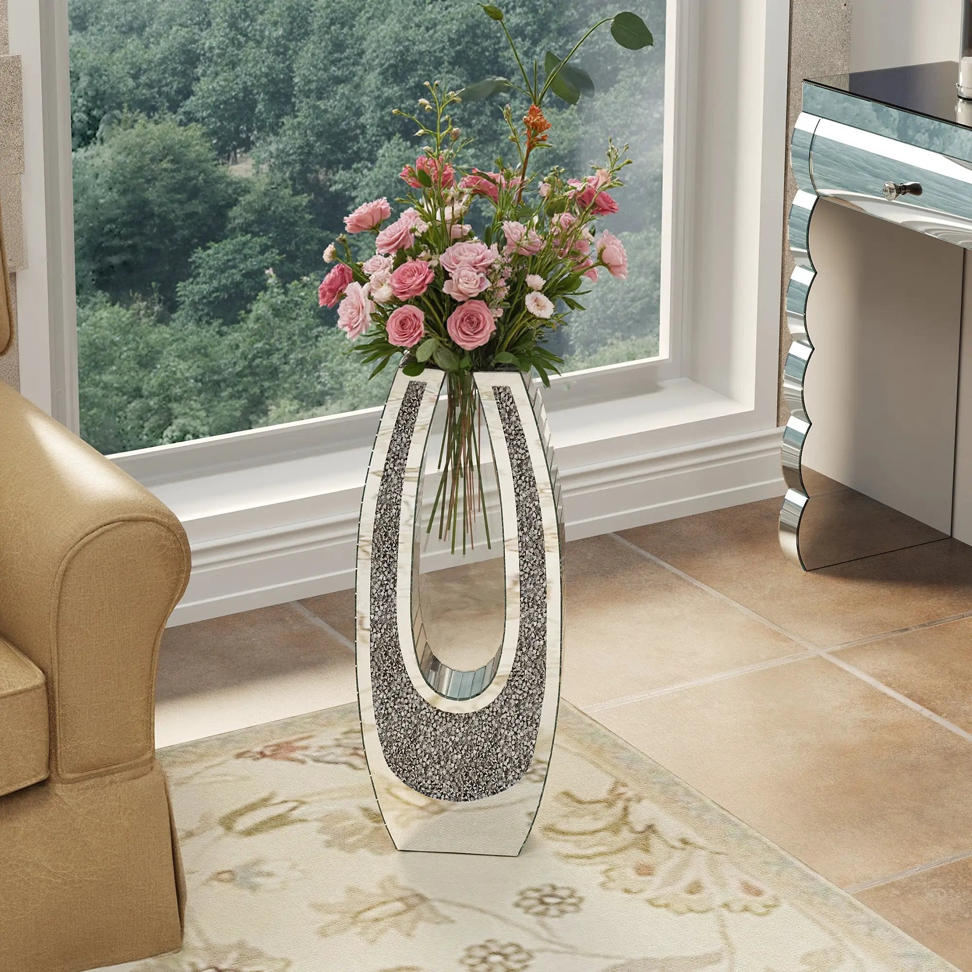 24.01" U-Shaped Floor Vase Shattered Diamond Mirror Surface by HouseOfZazla