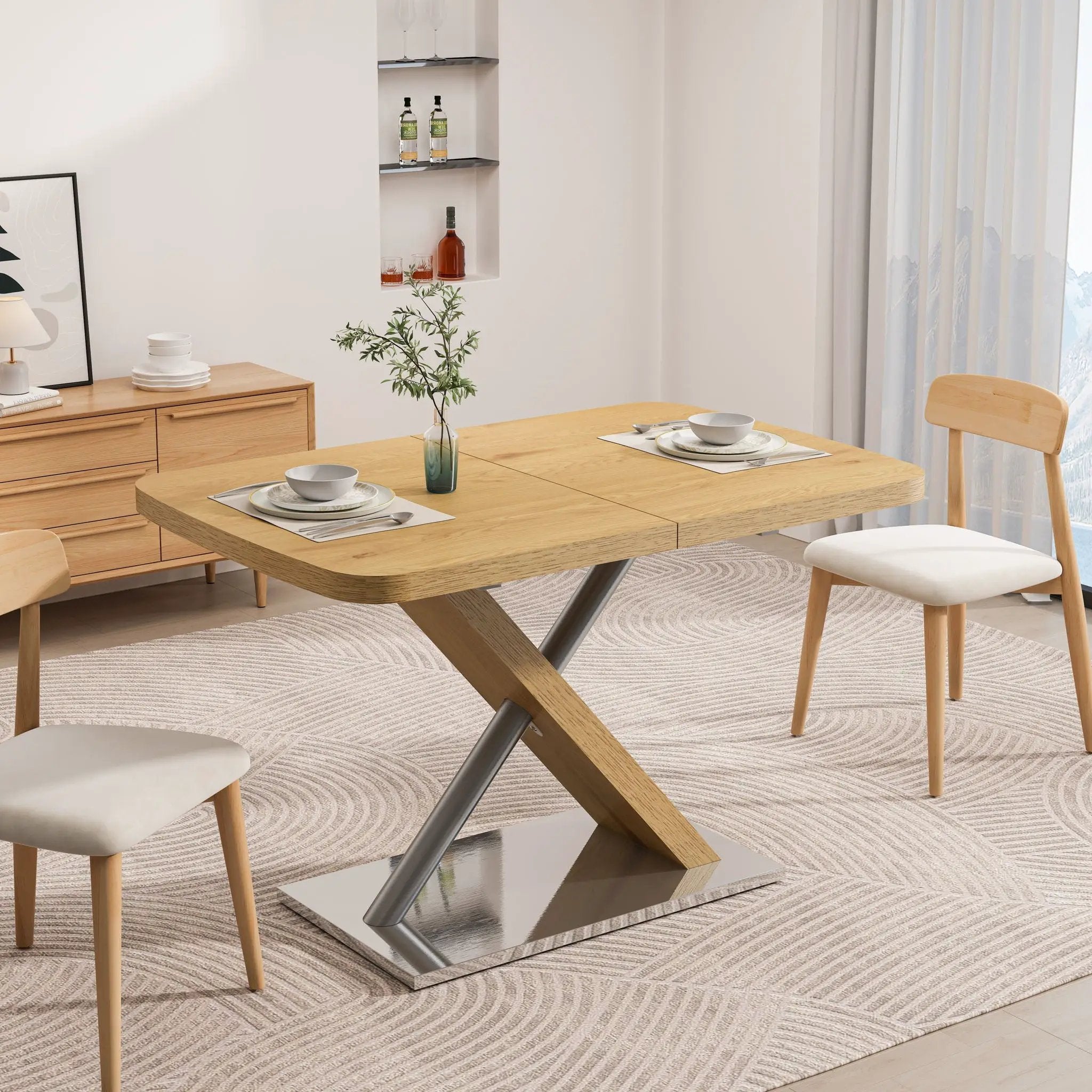 Retractable Square Dining Table, Seating 4 - 6 People, Cross Base With Stainless Steel Tubing, Expandable - Natural by Unique Piece Furniture