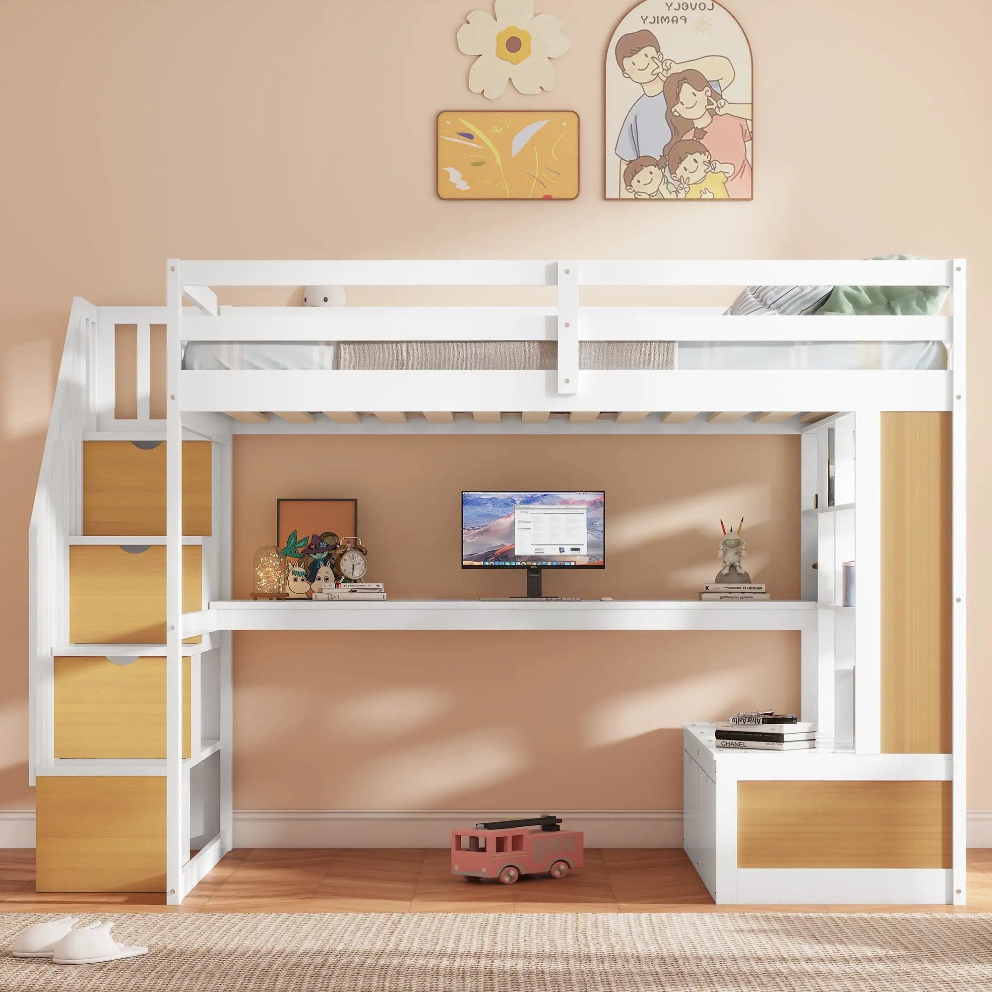 Full Size Loft Bed With Desk And Shelves, 2 Built In Drawers, Storage Staircase - Natural / White by Unique Piece Furniture
