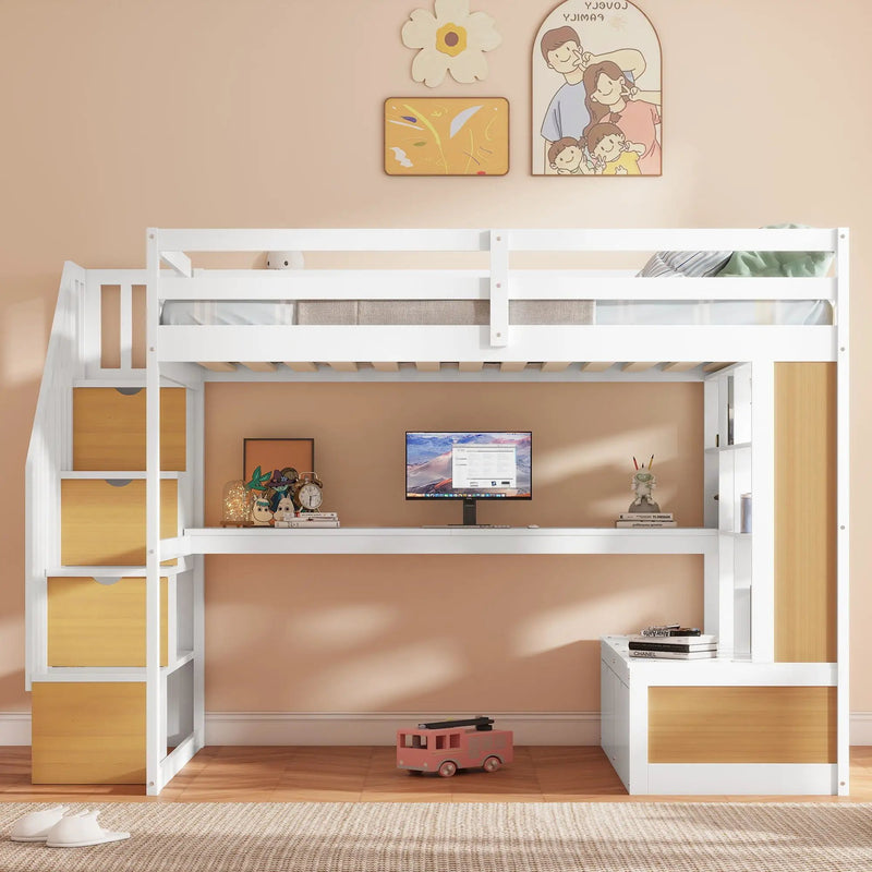 Full Size Loft Bed With Desk And Shelves, 2 Built In Drawers, Storage Staircase - Natural / White by HouseOfZazla