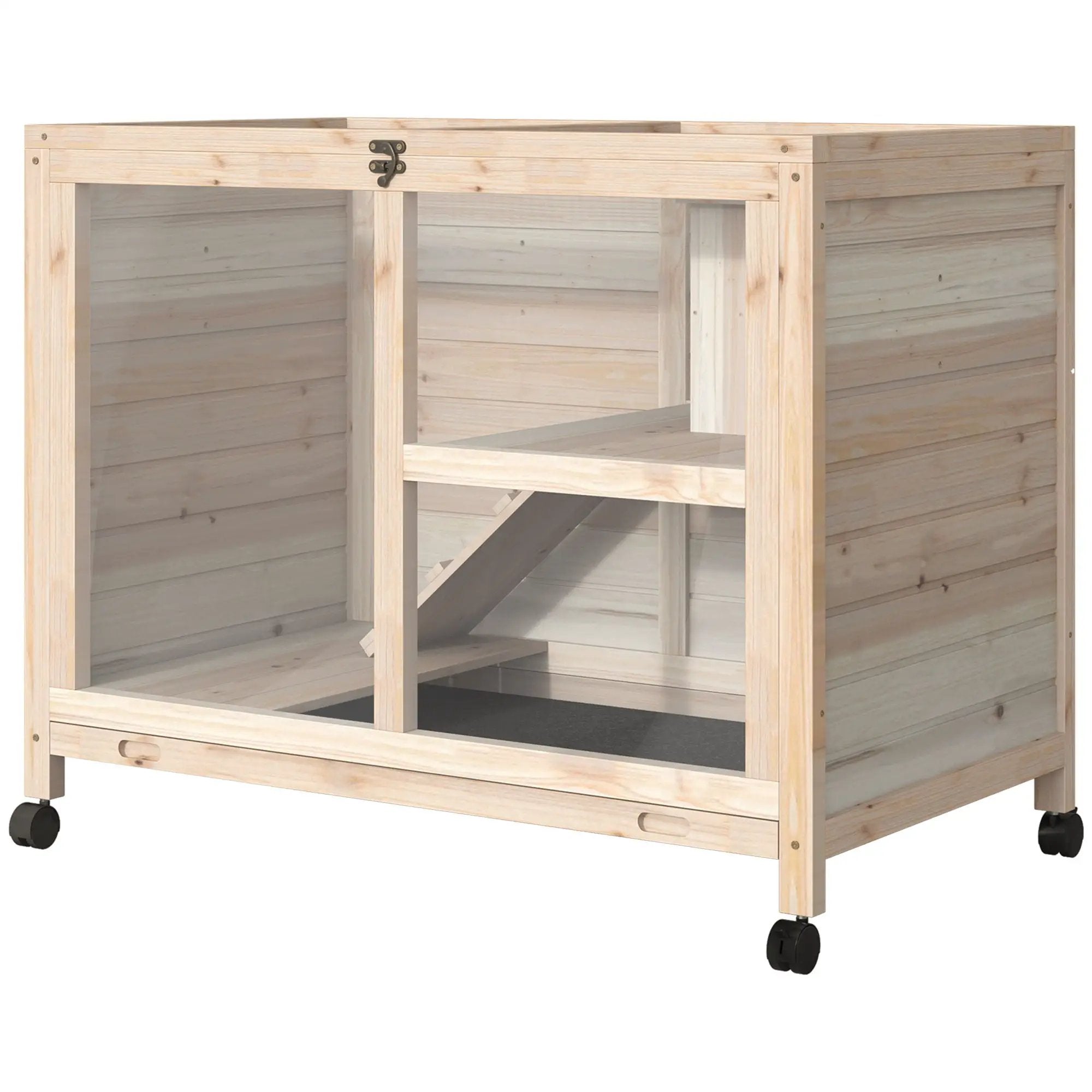 Pawhut - Indoor Rabbit Hutch With Wheels, Desk And Side Table Sized, Wood Rabbit Cage, Waterproof Small Rabbit Cage - Natural by HouseOfZazla