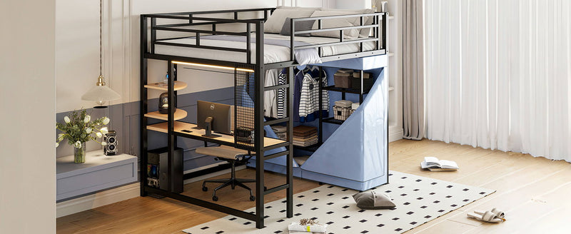 Loft Bed With Desk, Shelves, Power Outlet, LED Light And Wardrobe by HouseOfZazla