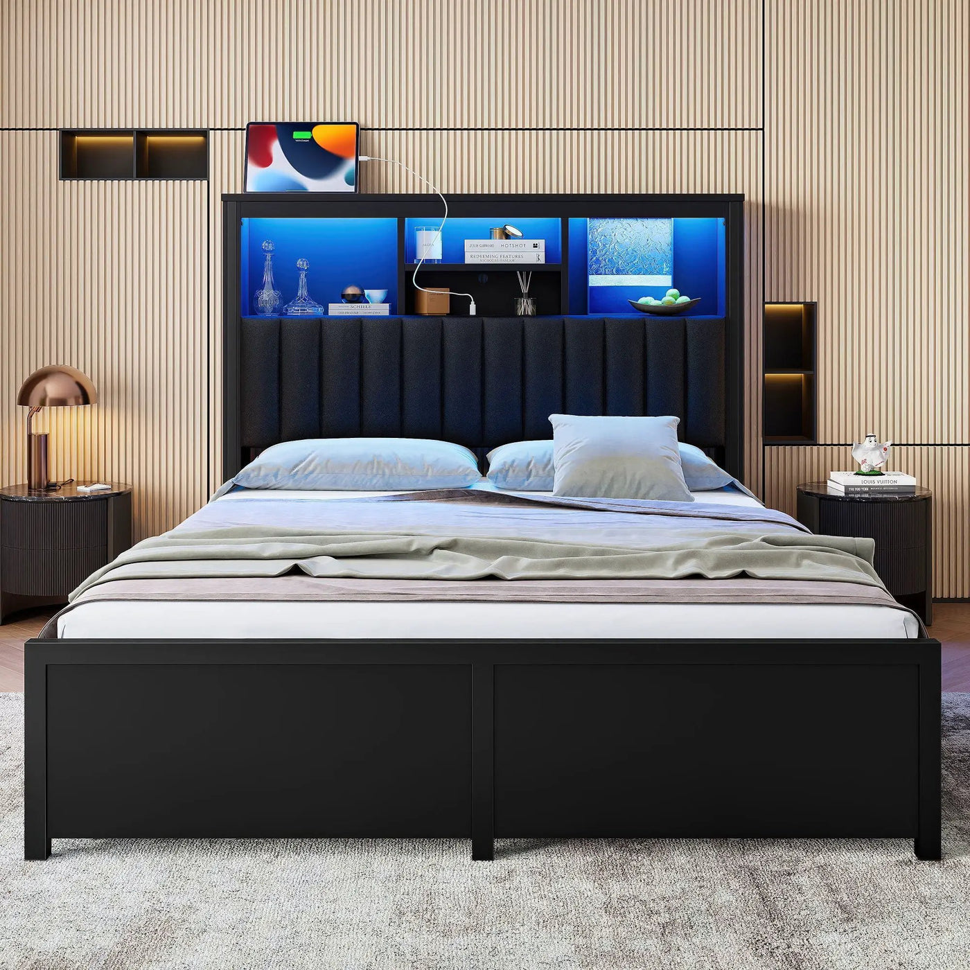 Bed Frame With High Storage Headboard, LED Light And Charging Station, 4 Storage Drawers by Unique Piece Furniture