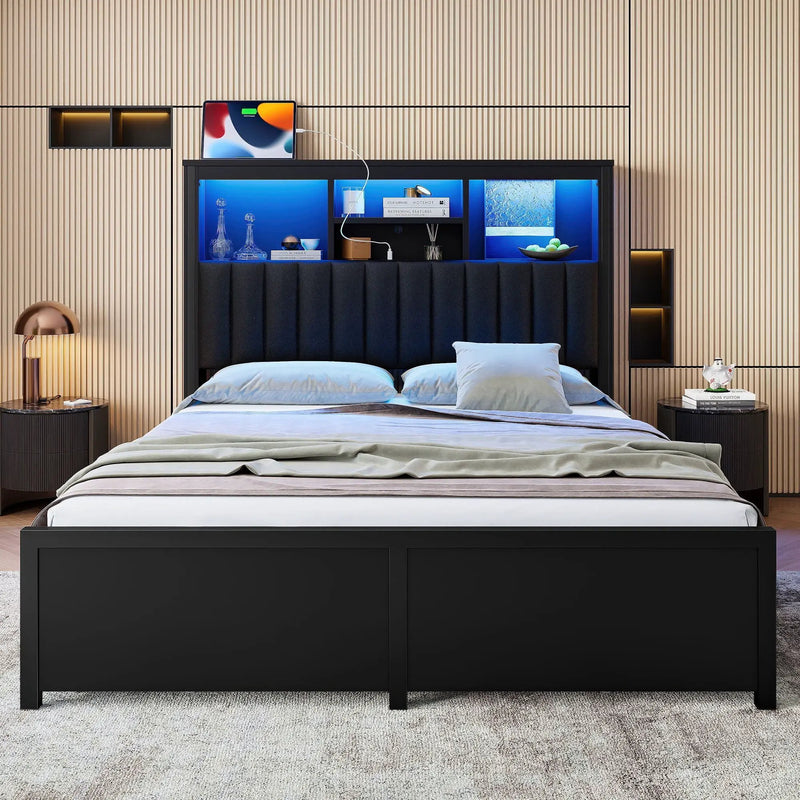 Bed Frame With High Storage Headboard, LED Light And Charging Station, 4 Storage Drawers by Unique Piece Furniture