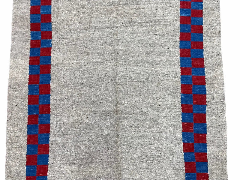 Gray Turkish Kilim Carpet 5' 7" x 7' 7", Medium Kilim Rug, Hand-Knotted, Blue & Red Border, Minimalistic Design, Geometric, Wool, New by Jewel Rugs
