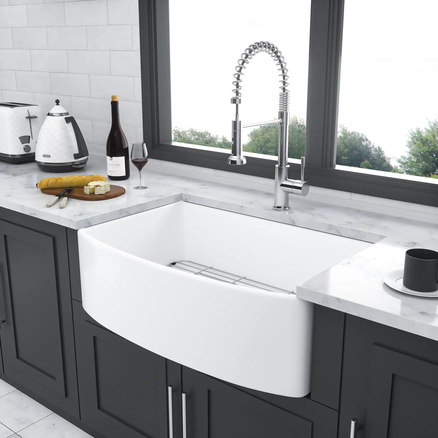 Ceramic Farmhouse Sink, Apron Front Single Bowl With Arch Edge by HouseOfZazla