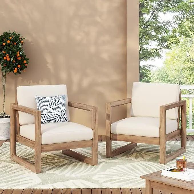 Set of 2 Outdoor Acacia Wood Patio Club Chairs with Beige Cushions by HouseOfZazla