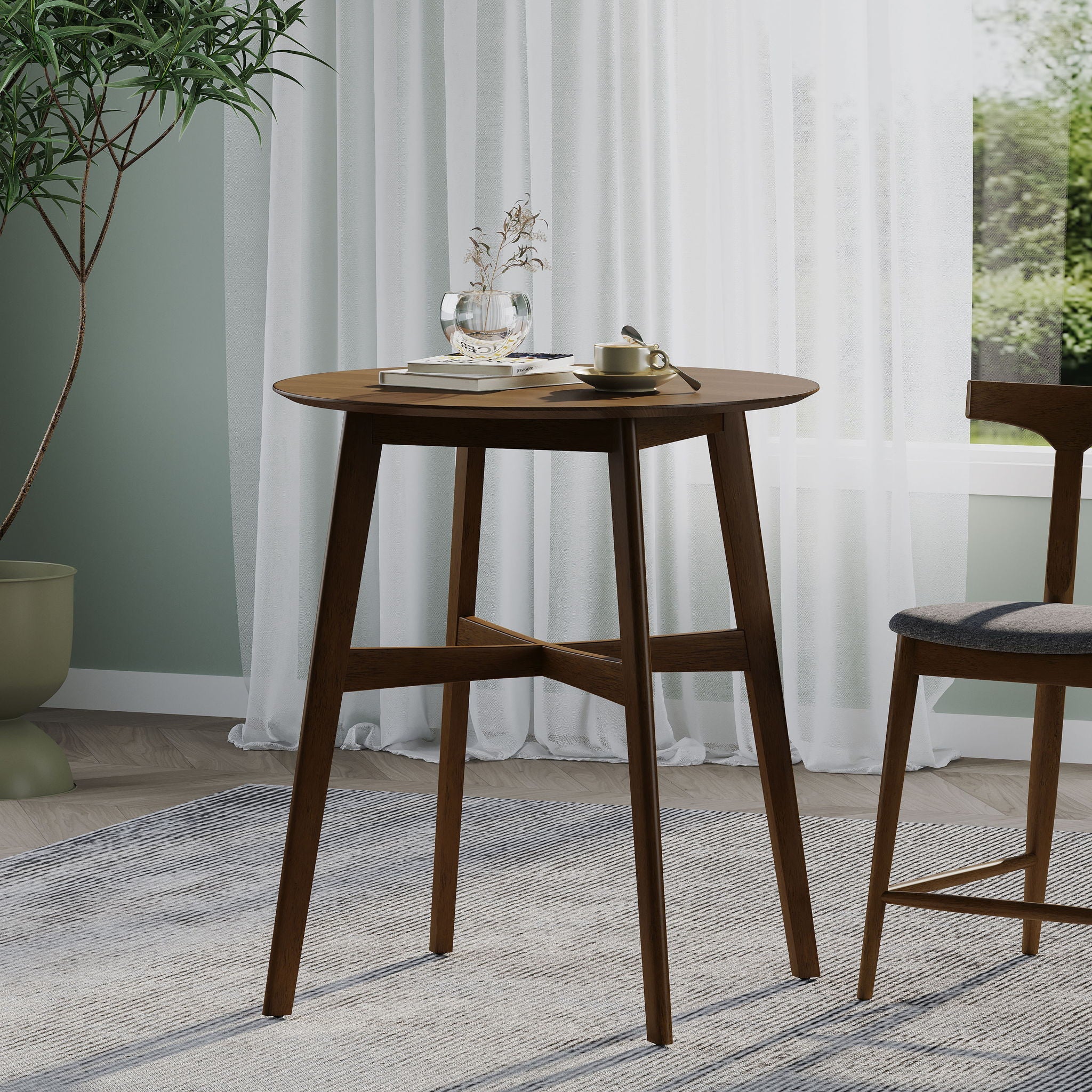 Round Counter Height Dining Table With Thick Rubberwood Legs And Support Beams - Walnut by HouseOfZazla
