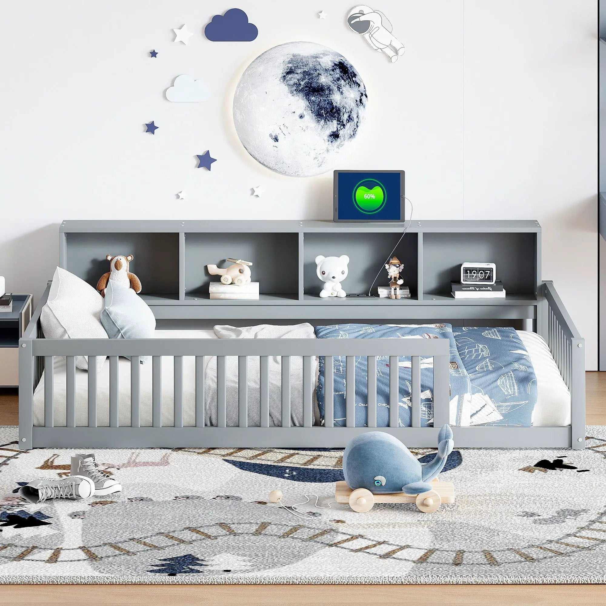 Twin Long Floor Bed With Storage Cabinets And USB Ports - Gray by Unique Piece Furniture