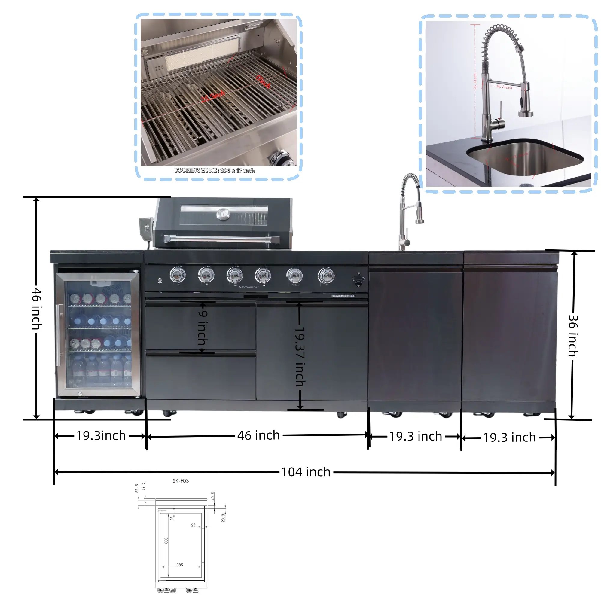 104" 4-Burner 72000 BTU Black Outdoor Kitchen Island Grill with Storage Cabinets & Drawers by Chery Industrial