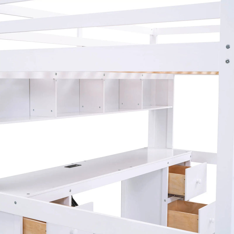 Full Size Loft Bed With Desk, Cabinets, Drawers, Charging Station And Bedside Tray, Sturdy Frame, No Box Spring Required - White by HouseOfZazla