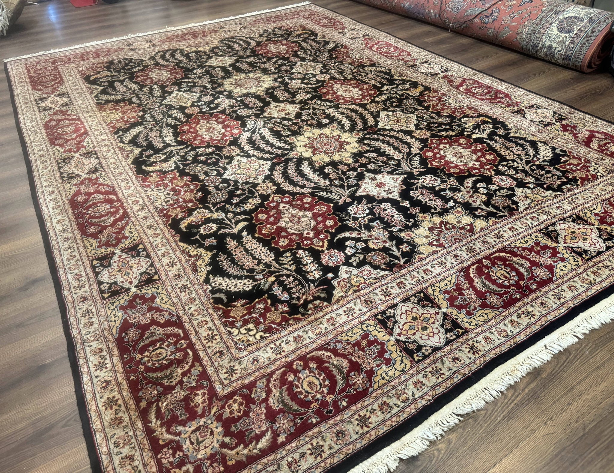 Sino Persian Rug 9x12, Black & Maroon, Wool and Silk, Allover Pattern by Jewel Rugs