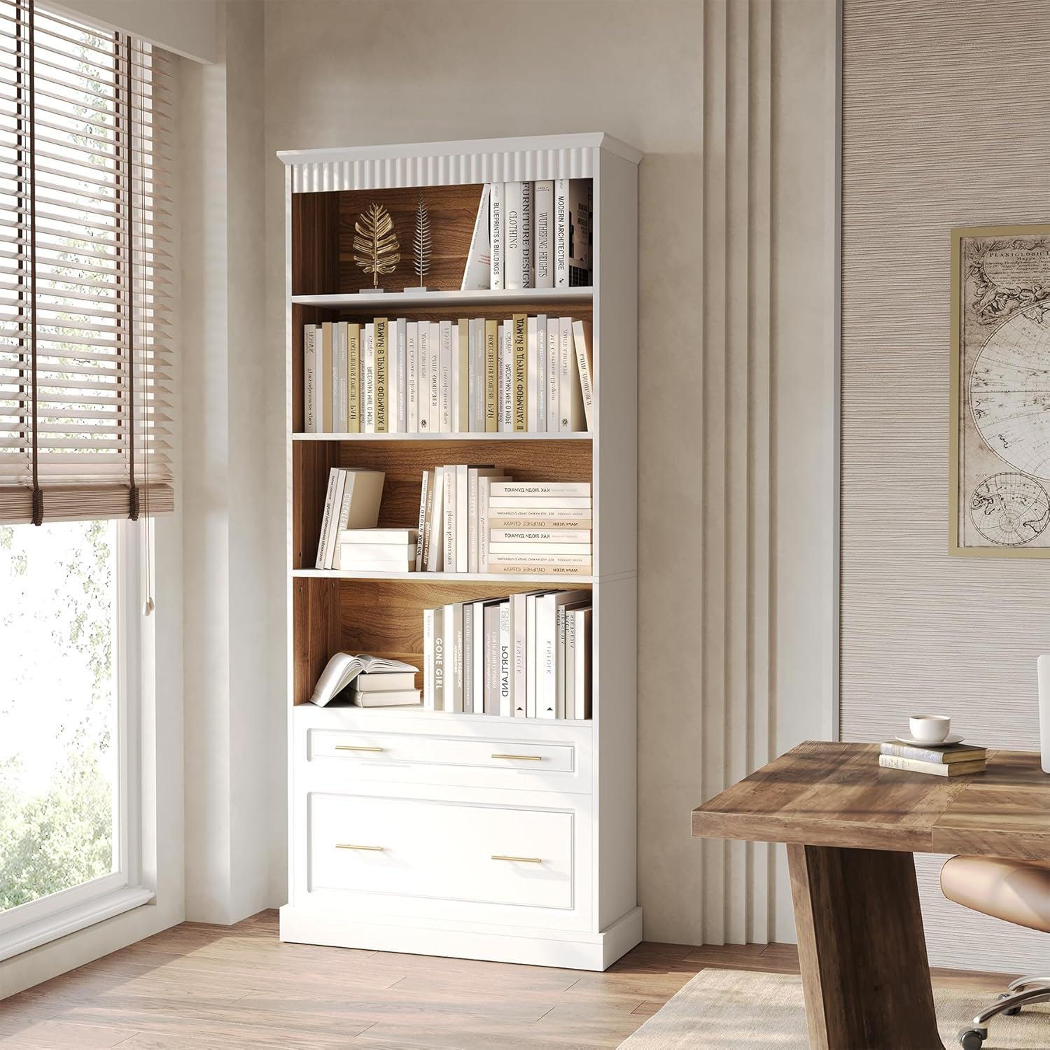 5 Tier White Bookcase With 2 Drawers Storage Organizer For Living Room - White by HouseOfZazla