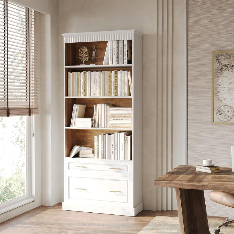 5 Tier White Bookcase With 2 Drawers Storage Organizer For Living Room - White by HouseOfZazla