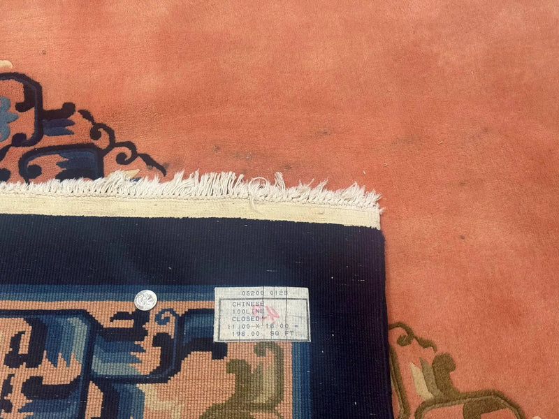 Chinese Wool Rug 11x18, Palace Sized Chinese Carpet, Peking Rug, Peach and Blue, Open Field, Simple Design, Art Deco Rug, Large Handmade Rug by Jewel Rugs