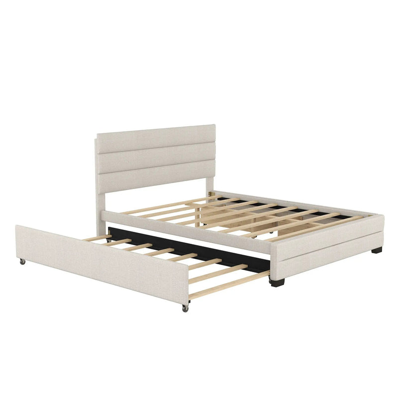 Queen Platform Bed With Twin Trundle And 2 Storage Drawers - Beige by HouseOfZazla