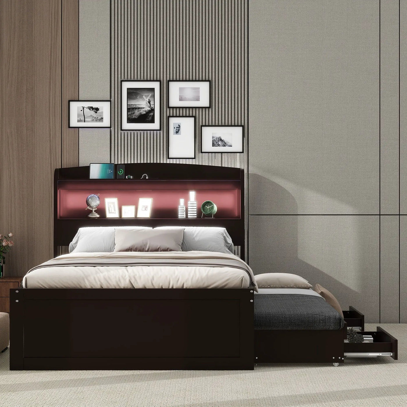 Platform Bed With LED Headboard, Charging Station, Trundle And 2 Drawers by Unique Piece Furniture
