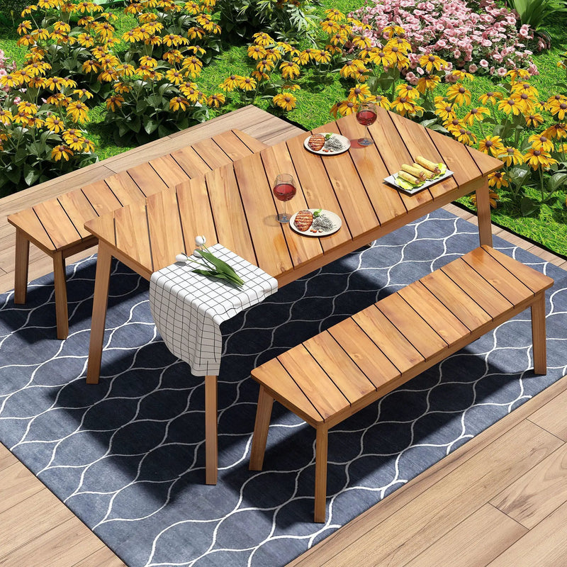 3 Pieces Acacia Wood Table Bench Dining Set For Outdoor & Indoor Furniture With 2 Benches, Picnic Beer Table For Patio, Porch, Garden, Poolside - Natural by Unique Piece Furniture