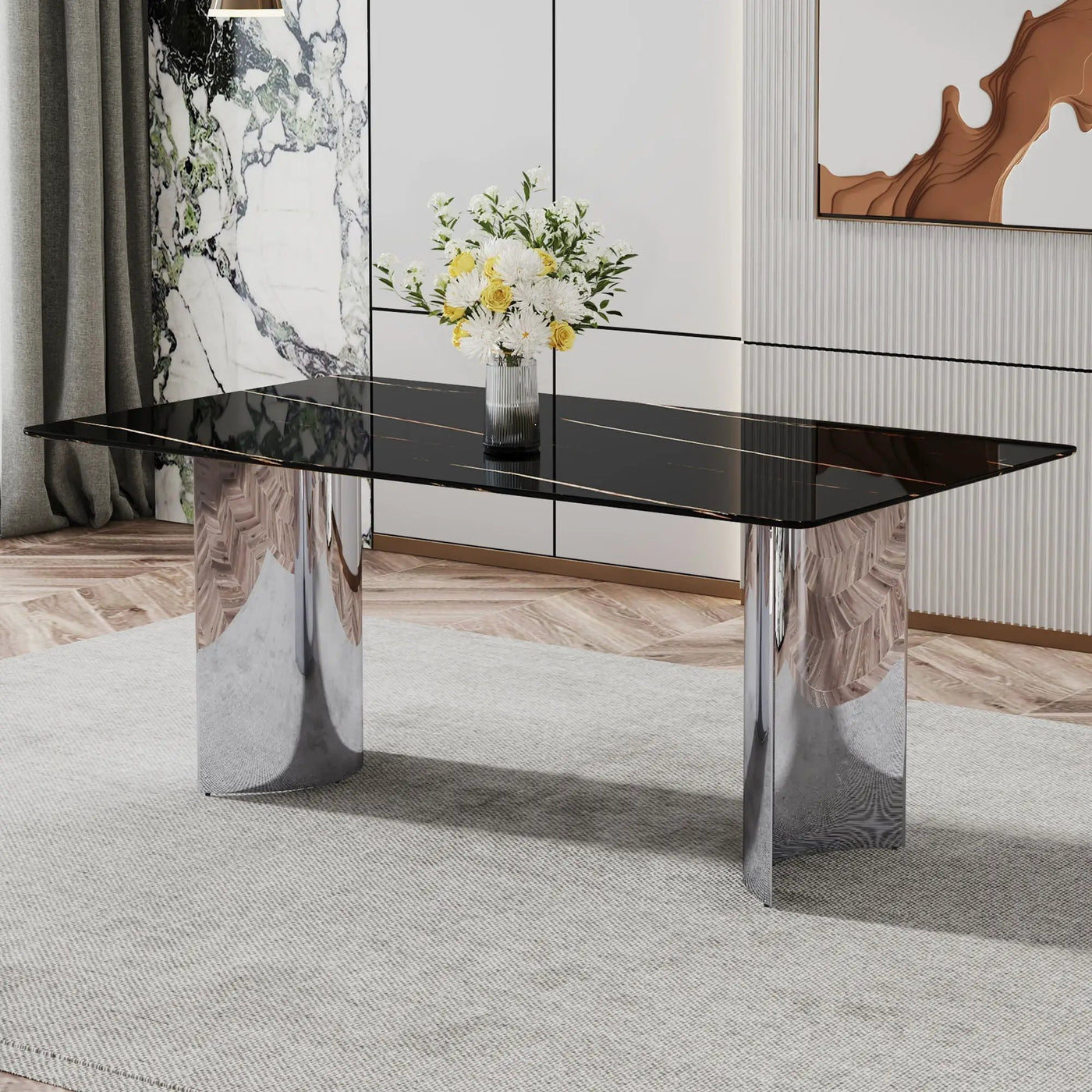 Modern Minimalist Dining Table with Imitation Marble Glass Top and Metal Legs by HouseOfZazla