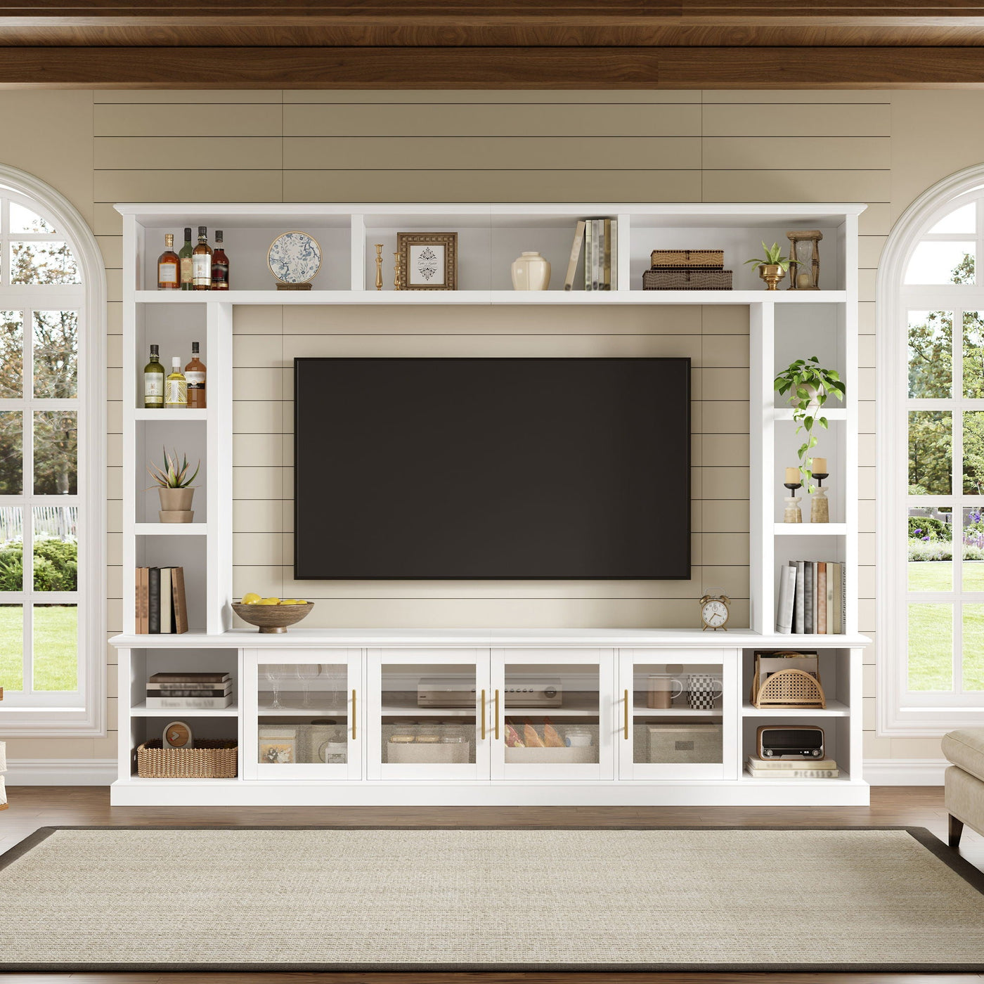 All-In-One Entertainment Center With Bookshelves & Tempered Glass Doors, TV Console Unit For Living Room by Unique Piece Furniture