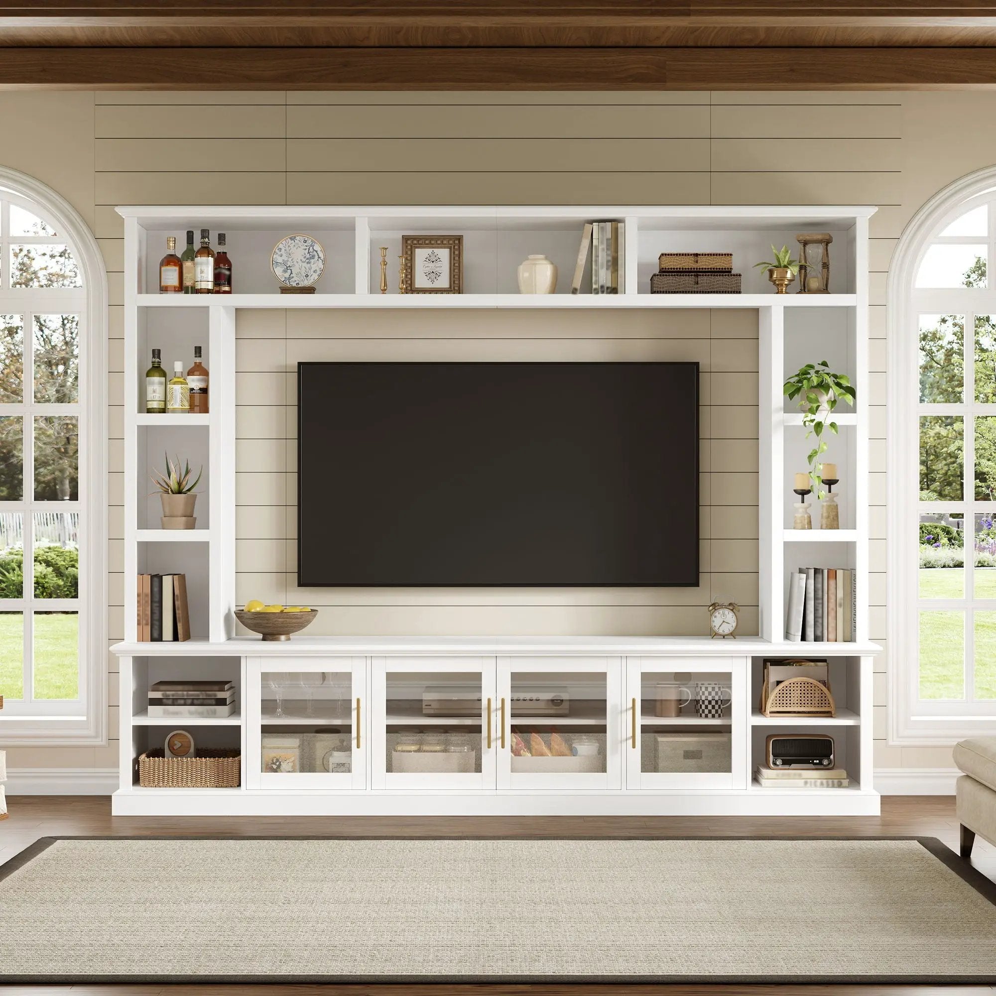 All-In-One Entertainment Center With Bookshelves & Tempered Glass Doors, TV Console Unit For Living Room by Unique Piece Furniture
