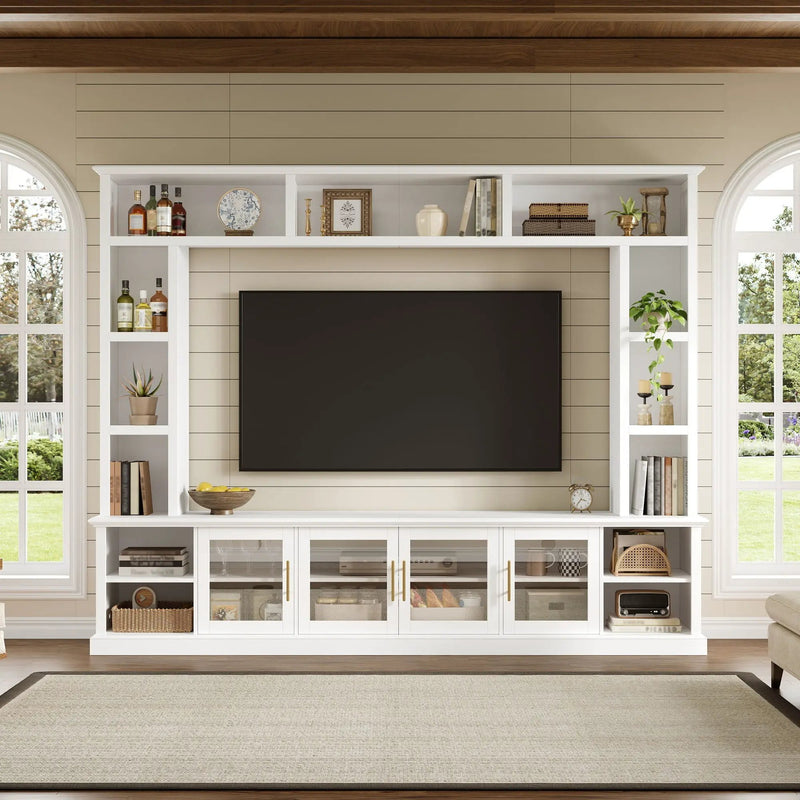 All-In-One Entertainment Center With Bookshelves & Tempered Glass Doors, TV Console Unit For Living Room by Unique Piece Furniture