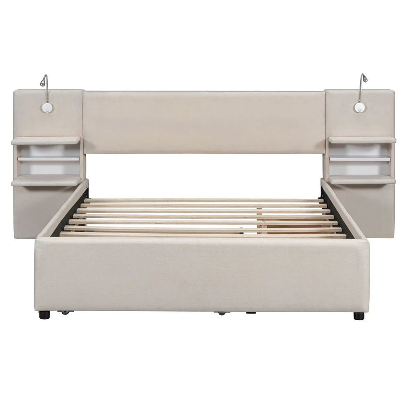 Upholstered Platform Bed With Reading Lights, Drawers, Trundle And Shelves by HouseOfZazla