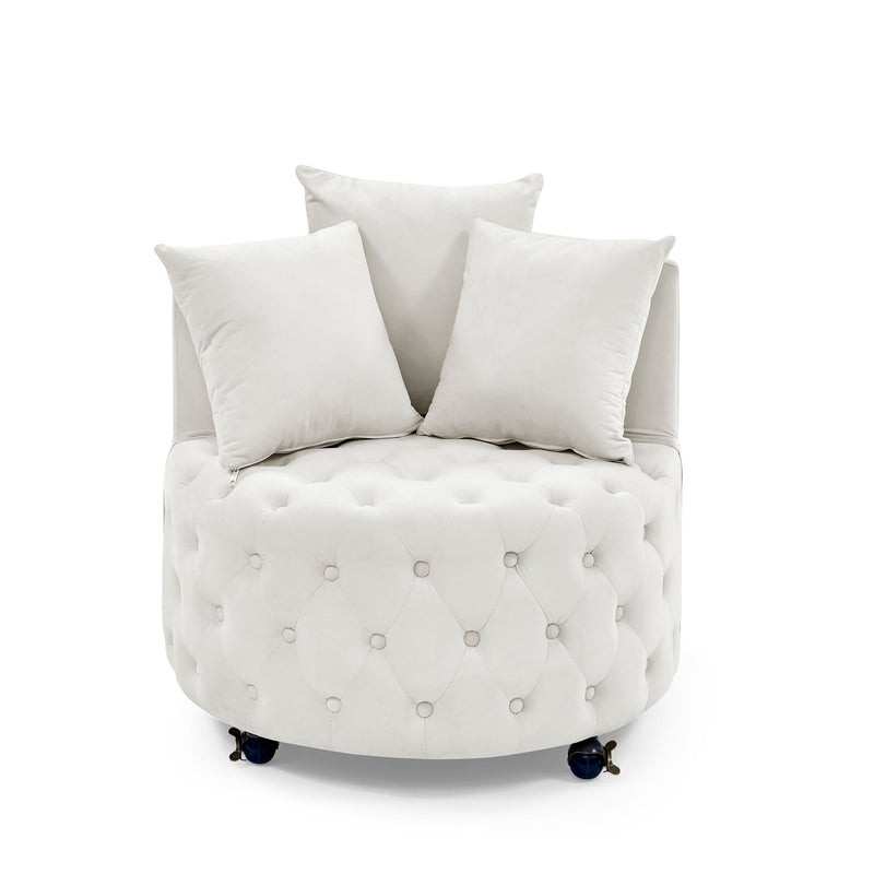Modern Upholstered Swivel Chair With Button Tufted Design And Movable Wheels by HouseOfZazla